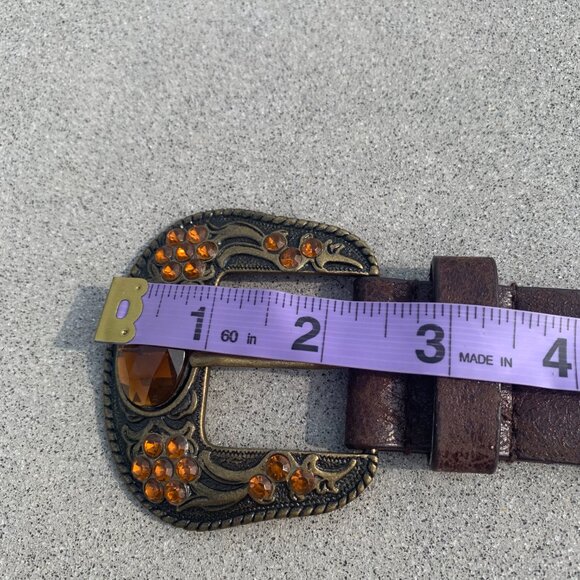 Vintage 90s Y2K Brown Leather Brass Rhinestone Stud Concho Boho Hip Belt - Picture 16 of 16